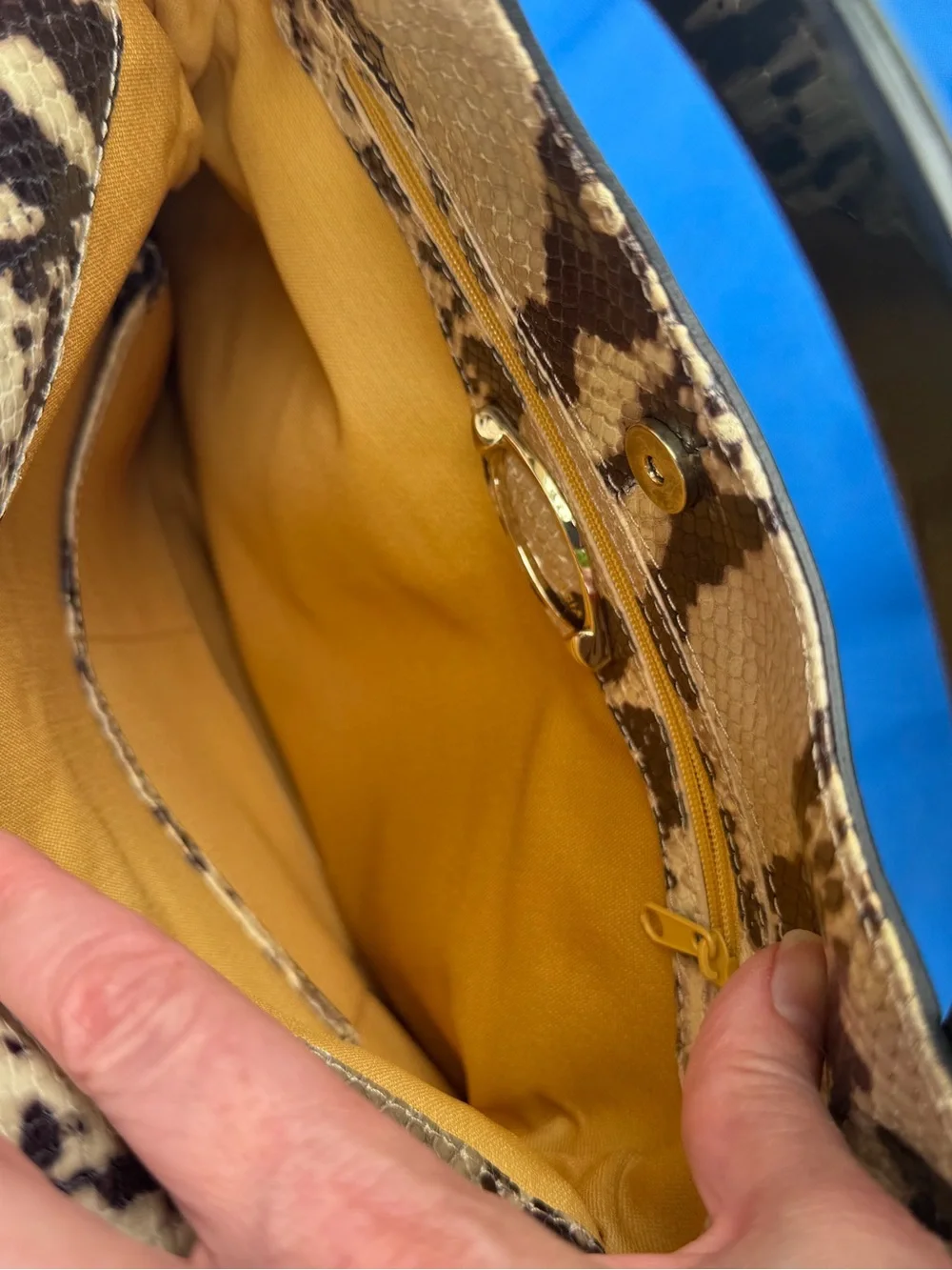 Beautiful Snake-Skin Shoulder Bag with Black Trim and Gold Hardware. Authentic